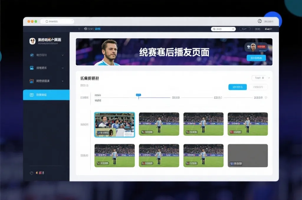 比赛结束后，电视屏幕展示集锦回放页面，旁边有时间轴和多角度切换提示